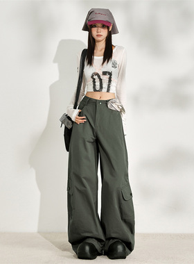 军绿色美式街头多口袋工装休闲裤女2025秋新款潮流拖地裤