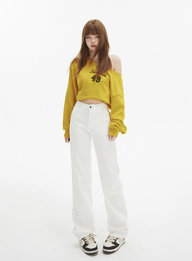 白色高腰窄版直筒牛仔裤女秋冬新款百搭弹力美式复古烟管裤