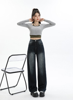 复古高腰百搭直筒牛仔裤 黑灰深蓝浅蓝多色雪尼尔