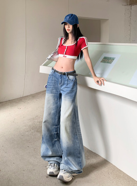 春季美式高腰做旧磨白街头直筒阔腿牛仔裤2025新款宽松长裤