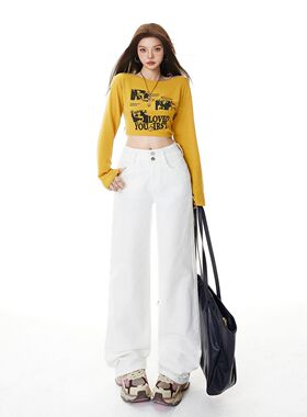 美式复古高腰双扣宽松直筒白色牛仔裤女2026春秋百搭显瘦