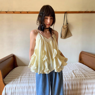 吊带上衣女 诠释美 NEWOPEN 25夏法式 甜美减龄荷叶边天丝无袖