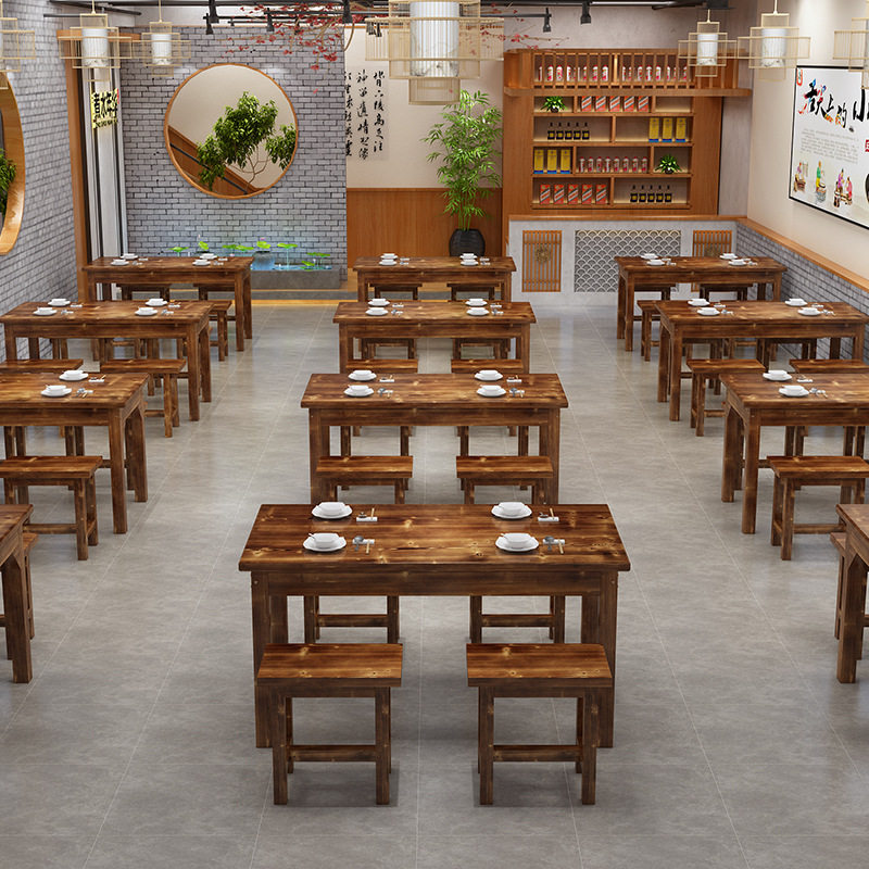 实木饭店快餐桌椅面馆火锅烧烤小吃店大排挡食堂餐馆碳化桌椅组合