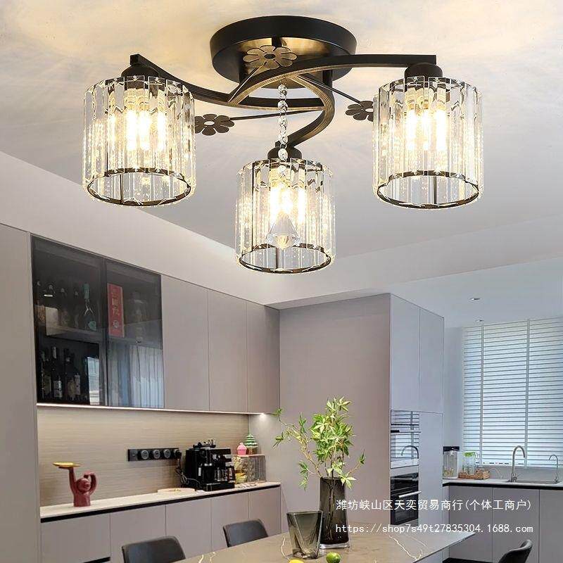 餐厅饭厅三头温馨LED灯泡吊灯卧室圆形水晶客厅家用吸顶房间灯具