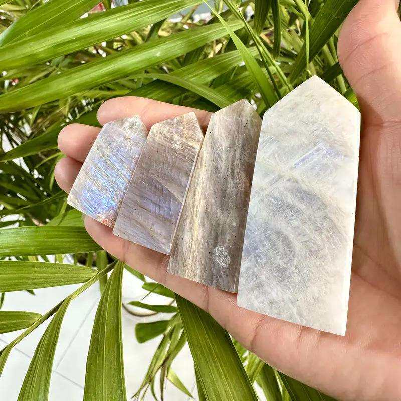 天然水晶白月光石蓝光四方单尖柱水晶柱水晶原石打磨橙月光单尖