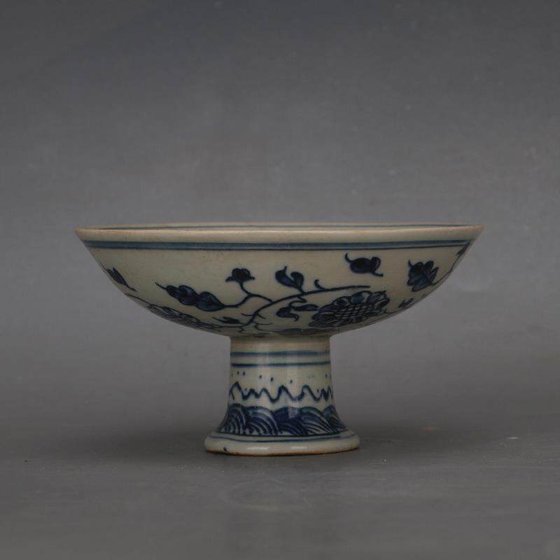 明青花麒麟高足果盘古董古玩仿古瓷器全手工绘画古典家居装饰摆件