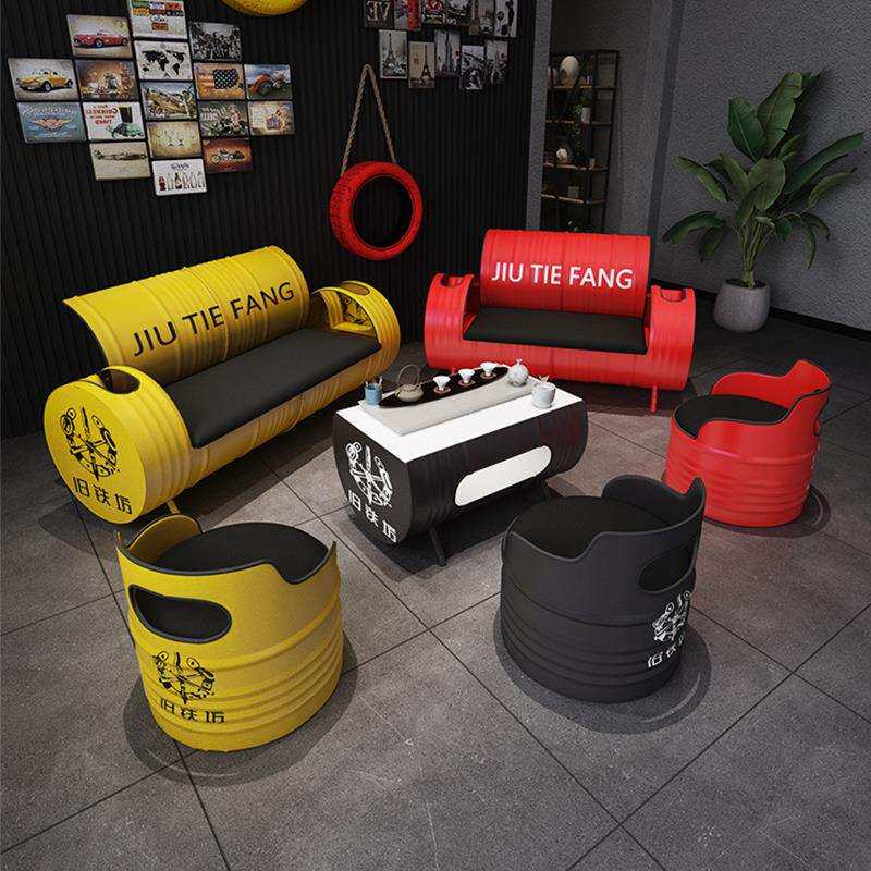 创意油桶卡座酒吧桌椅组合工业风商用铁艺沙发套装ktv奶茶店茶几