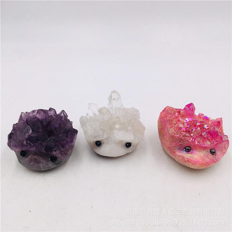 吉诺水晶晶簇小刺猬白水晶紫水晶镀彩粉晶簇摆件工艺品