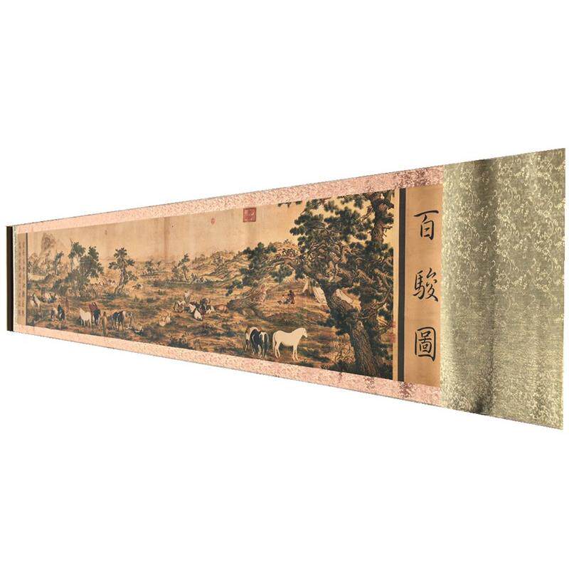 古玩横幅挂画长卷画百骏图办公室挂画装饰客厅画收藏