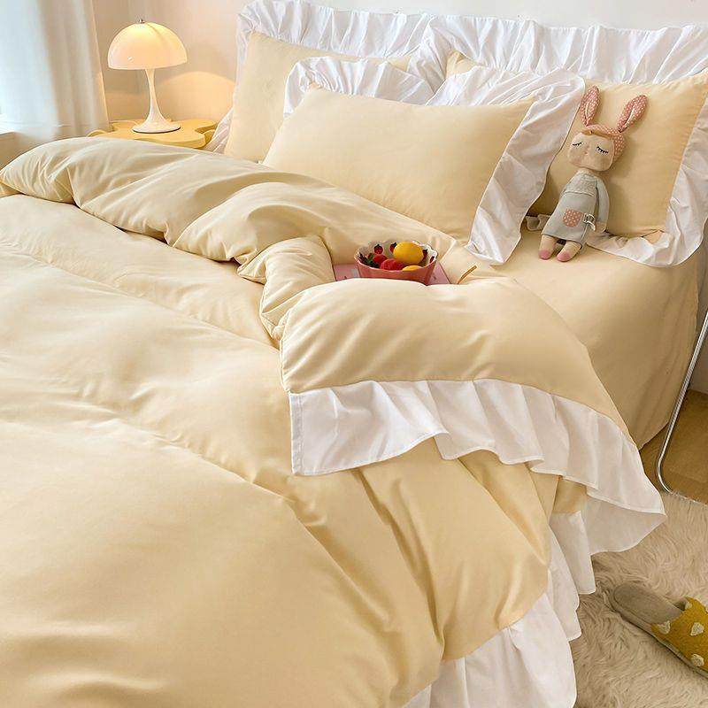 双面被套荷叶边纯色花边水洗棉宿舍被套单人三件套床单四件套枕套