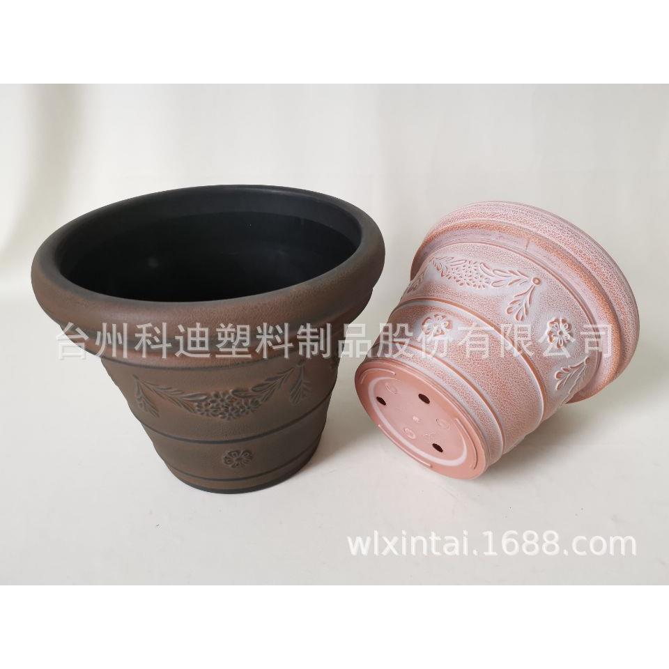 外贸工厂直销KD3215仿滚塑双层边雕花做旧塑料花盆容器别墅摆件