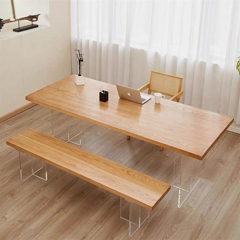 亚克力悬浮实木餐桌家用茶桌房间办公书桌会议桌原木长工作台岛台