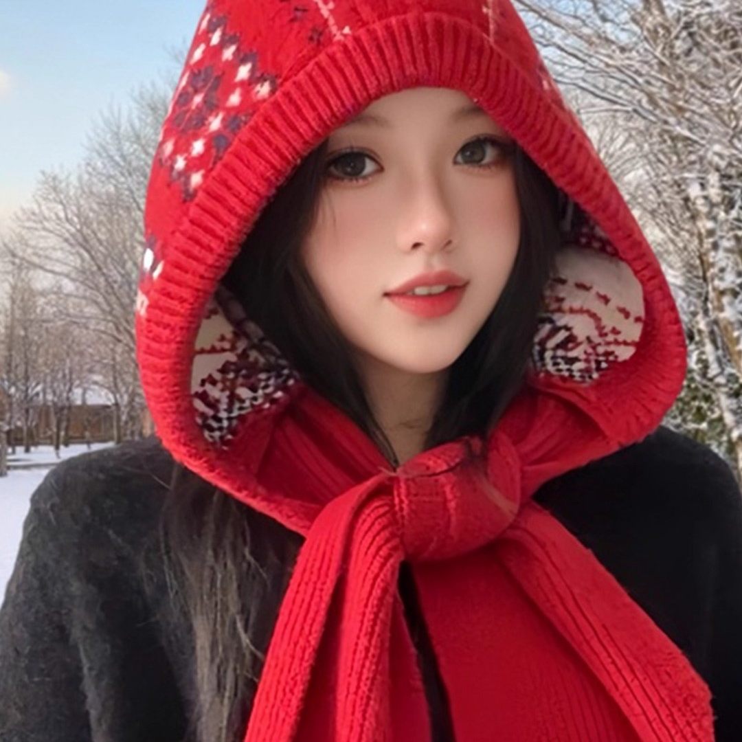 大头围韩版围巾一体费尔岛风巴拉克拉法帽女秋冬保暖针织毛线帽子