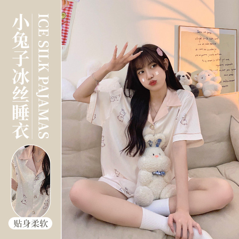 短袖睡衣短裤套装冰丝睡衣女