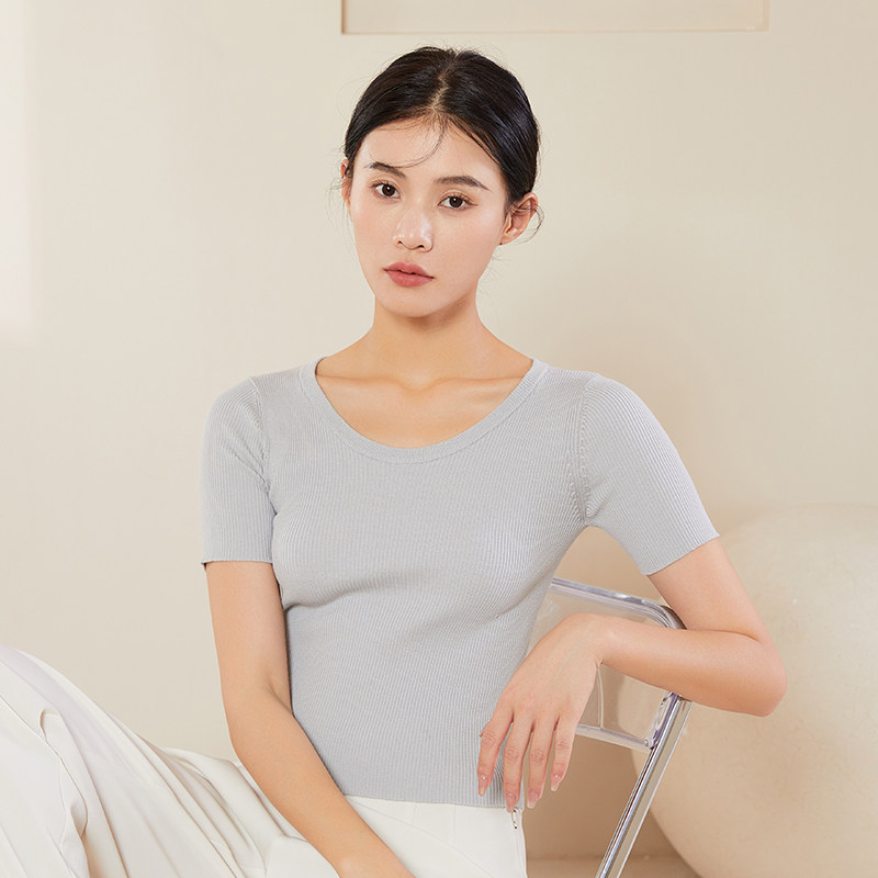 桑蚕丝女士上衣针织真丝螺纹T恤衫短袖纯色修身夏季绢丝薄款舒适