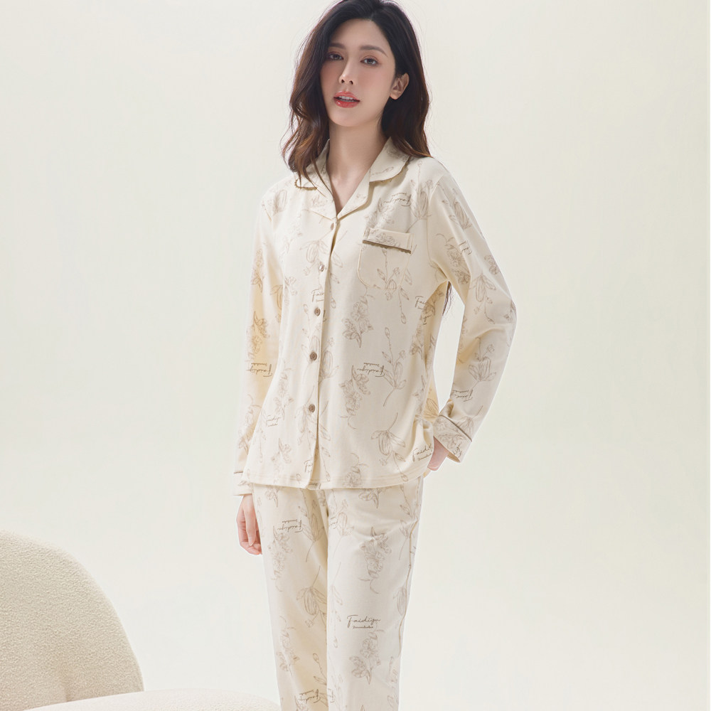 姬玛秋冬季纯棉睡衣中年女士睡衣大码长袖长裤家居服套装可外穿