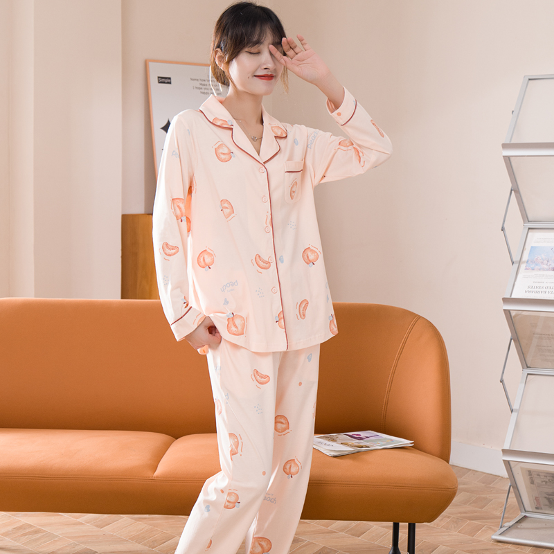 姬玛秋款女睡衣纯棉长袖舒适透气简约翻领家居服套装暖气睡衣薄款