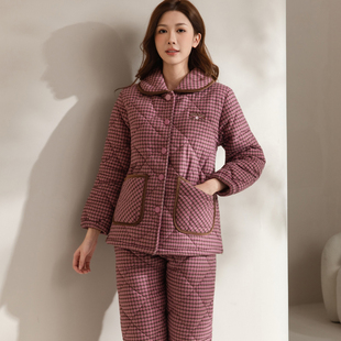 姬玛冬季 三层梭织纯棉色织格加绒加厚夹棉保暖棉袄女家居服套装