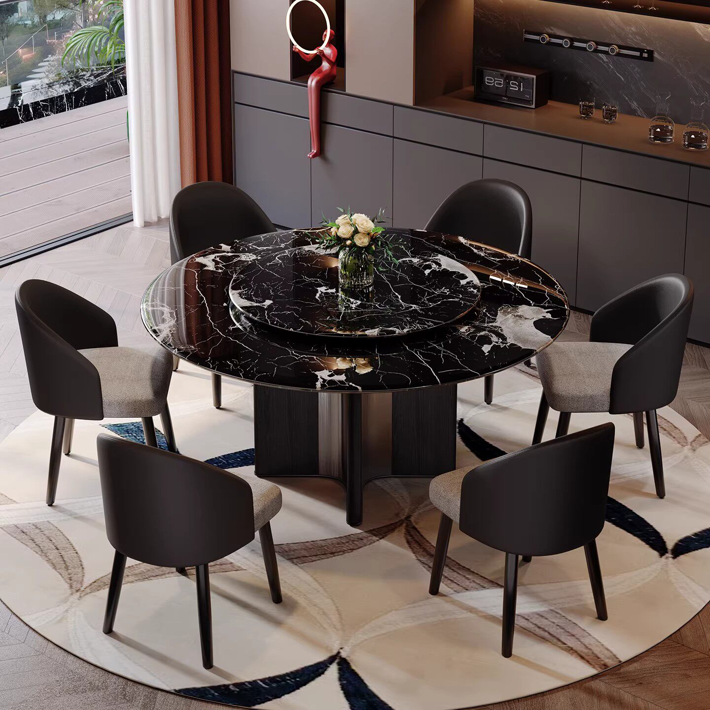 意式轻奢大理石餐桌客厅家用2026新款高端别墅天然黑玫瑰奢石圆桌