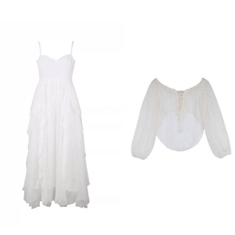 海边度假白色连衣裙子夏季森系收腰仙女吊带沙滩长裙长袖开衫套装
