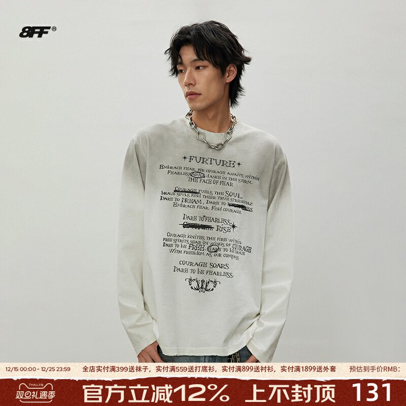 【左奇函同款】8FF/2海报印花水洗做旧长袖T重磅宽松泥染短袖上衣