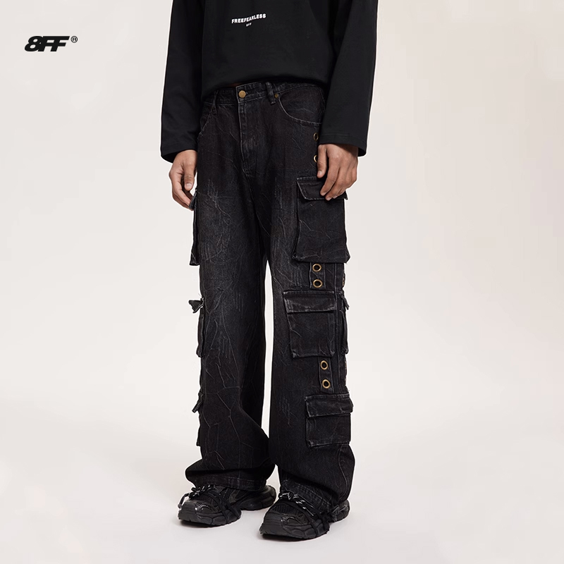 梓瑜同款重工多口袋水洗牛仔裤