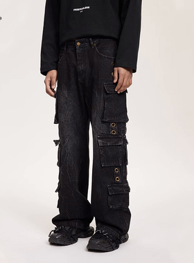 【明星同款】8FF/25重工多口袋闪电水洗牛仔裤宽松街头直筒长裤潮