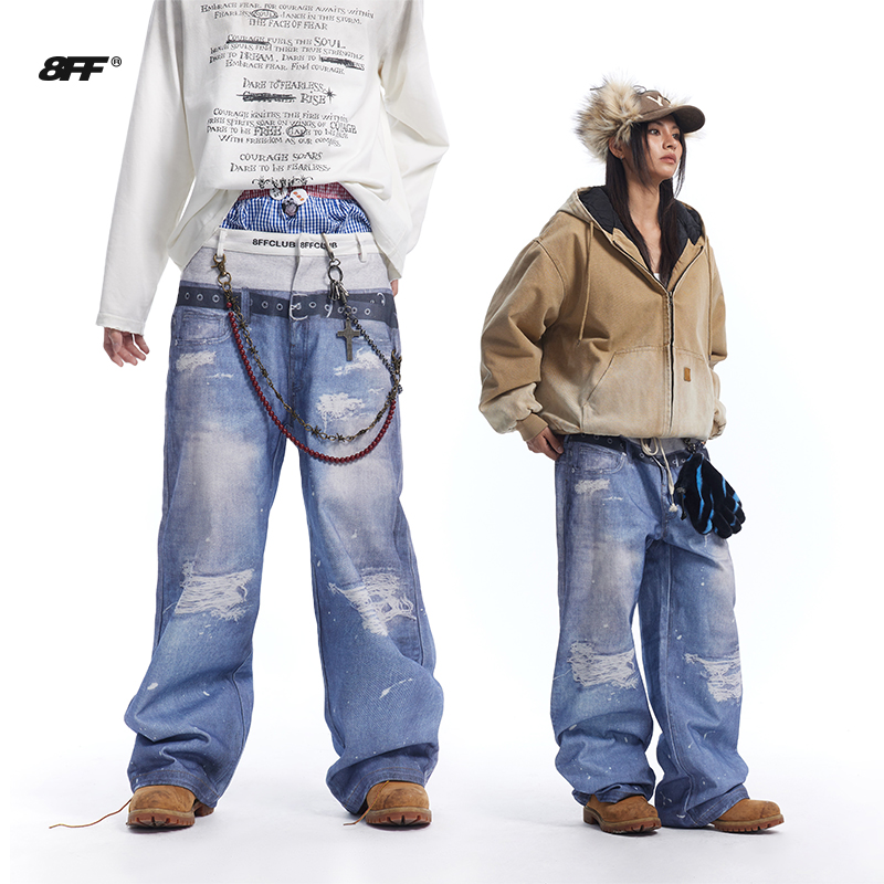 3D内裤印花假两件牛仔裤