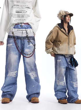 8FF/25SS 数码直喷3D内裤印花假两件牛仔裤美式街头层次baggy长裤