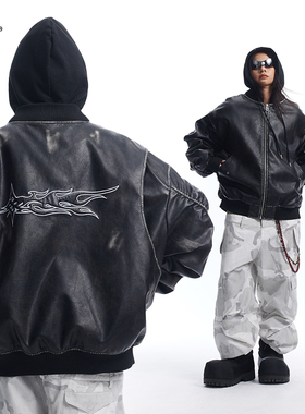 8FF/25SS 重磅环保可拆卸连帽夹棉衣擦色水洗做旧Bomber皮衣棉服