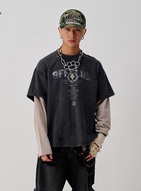 【黄景瑜同款】8FF/25 美式做旧印花假两件重磅长袖T恤卫衣男女潮