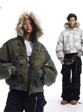 8FF/25AW美式迷彩座山雕撞色拼接毛领棉衣夹克冬加厚棉服外套短款