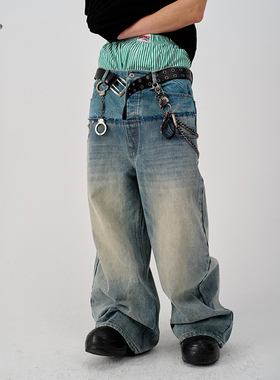 8FF/25极致赤耳面料重工双腰水洗刺绣宽松牛仔裤直筒阔腿裤牛仔裤