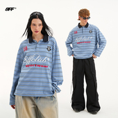 街头宽松T恤情侣百搭休闲复古POLO衫 8FF26春新款 撞色条纹长袖 上衣