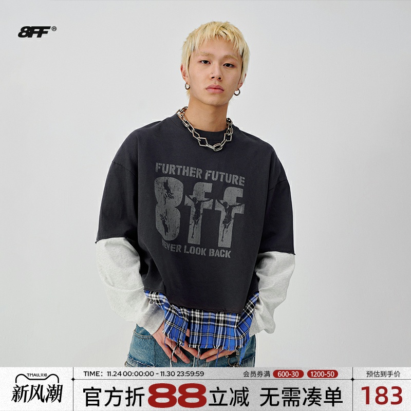 8FF/25SS 拼接做旧格纹毛边长袖T恤男女假两件小众设计潮牌上衣