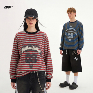 8FF【明星石凯同款】做旧重磅条纹长袖T恤美式复古宽松休闲上衣潮