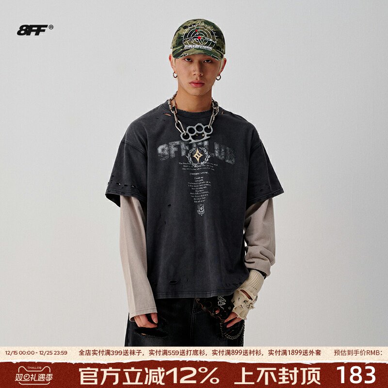 【黄景瑜同款】8FF/25 美式做旧印花假两件重磅长袖T恤卫衣男女潮