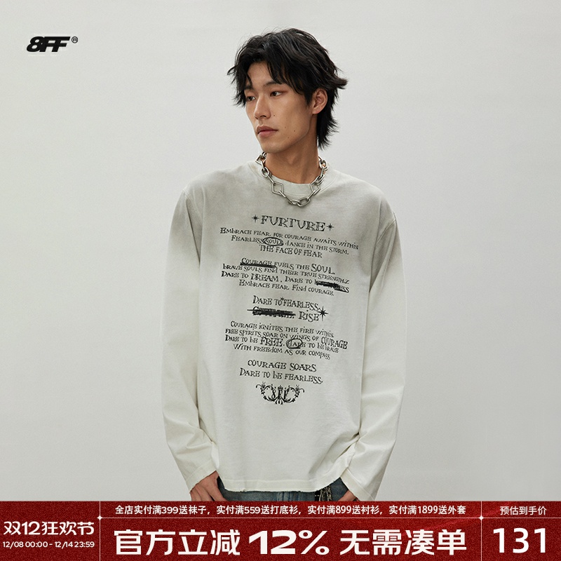 【左奇函同款】8FF/2海报印花水洗做旧长袖T重磅宽松泥染短袖上衣