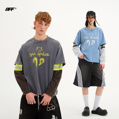 8FF【王鹤棣同款】假两件水洗破洞长袖美式街头t恤做旧字母球衣潮