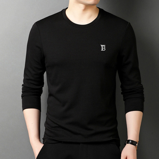伦巴宝利娇桑蚕丝长袖t恤男士商务休闲纯色圆领体恤中青年打底衫