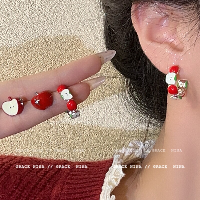 女生红色耳钉红色苹果耳钉女小众设计感耳环甜美风气质耳饰夏季