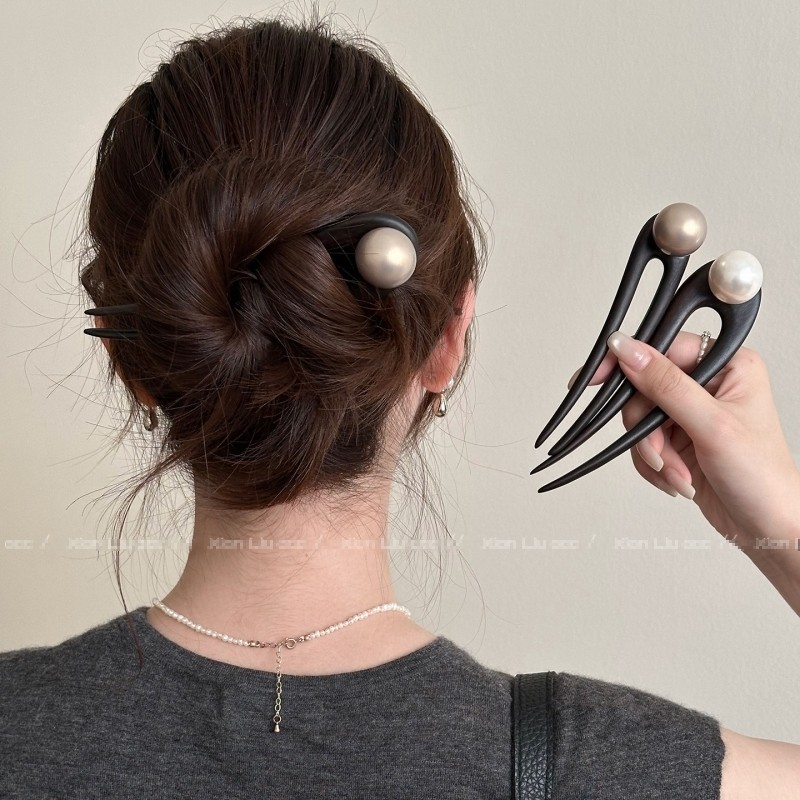 古风饰品高端檀木古风u型发簪女新中式盘发发钗澳白珍珠插梳头饰