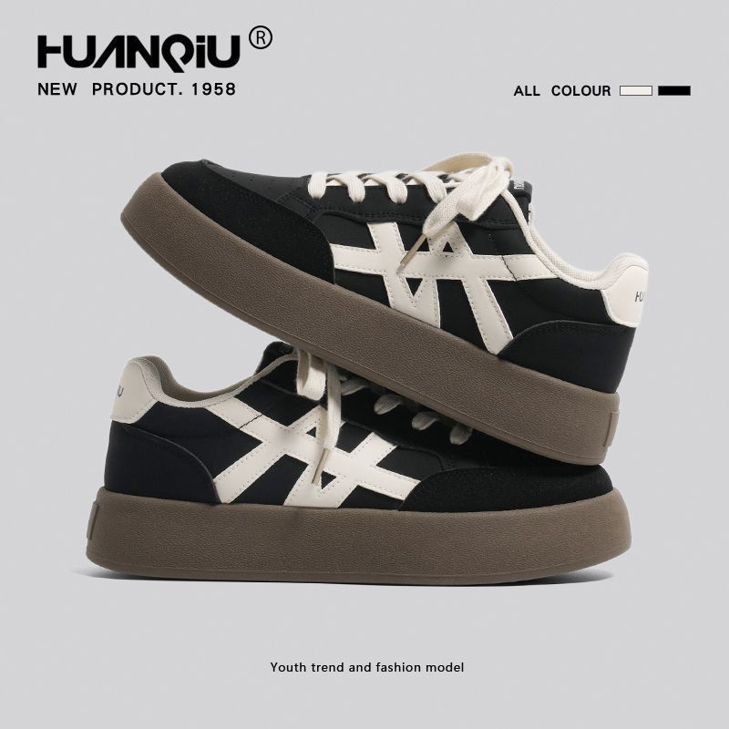 环球黑色鞋子2025新款秋冬复古厚底德训鞋男百搭学生休闲运动板鞋