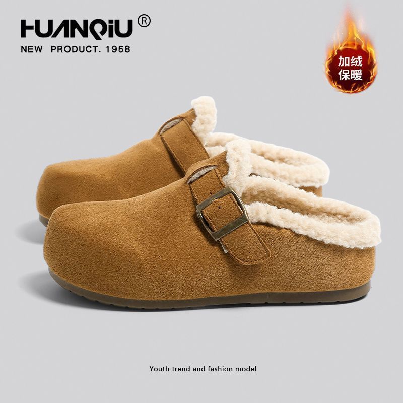 环球加绒加厚勃肯拖鞋女2025冬季新款复古增高半拖懒人轻便一脚蹬