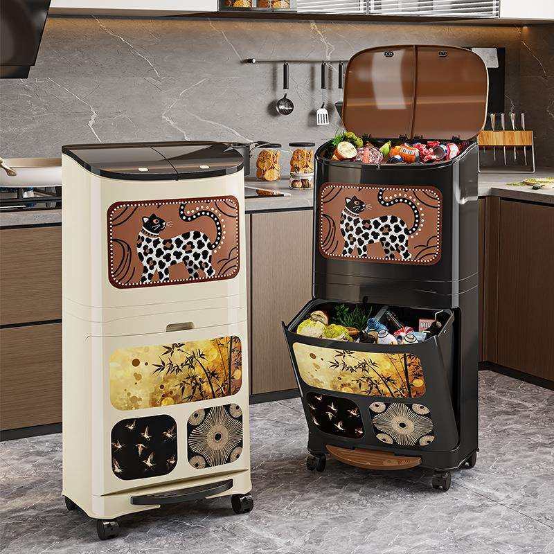 免弯腰厨房垃圾桶中古风大容量可移动带盖干湿分离脚踩按压垃圾筒