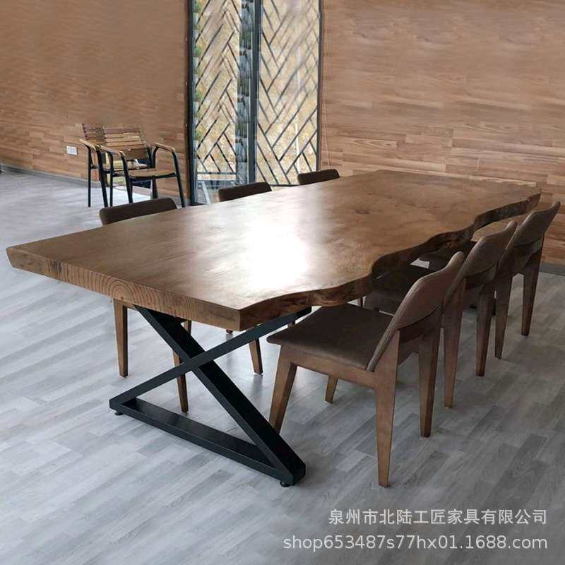 现代原木大板会议桌复古实木电脑桌设计师工作台loft工业风办公桌