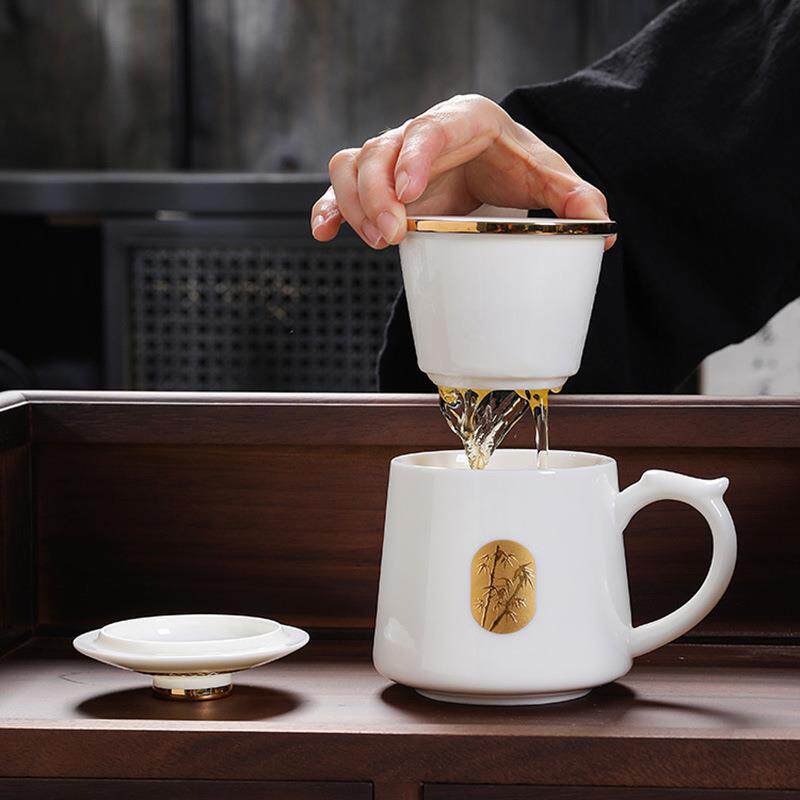 羊脂玉泡茶杯陶瓷马克杯茶水分离带过滤办公杯高档茶杯个人杯