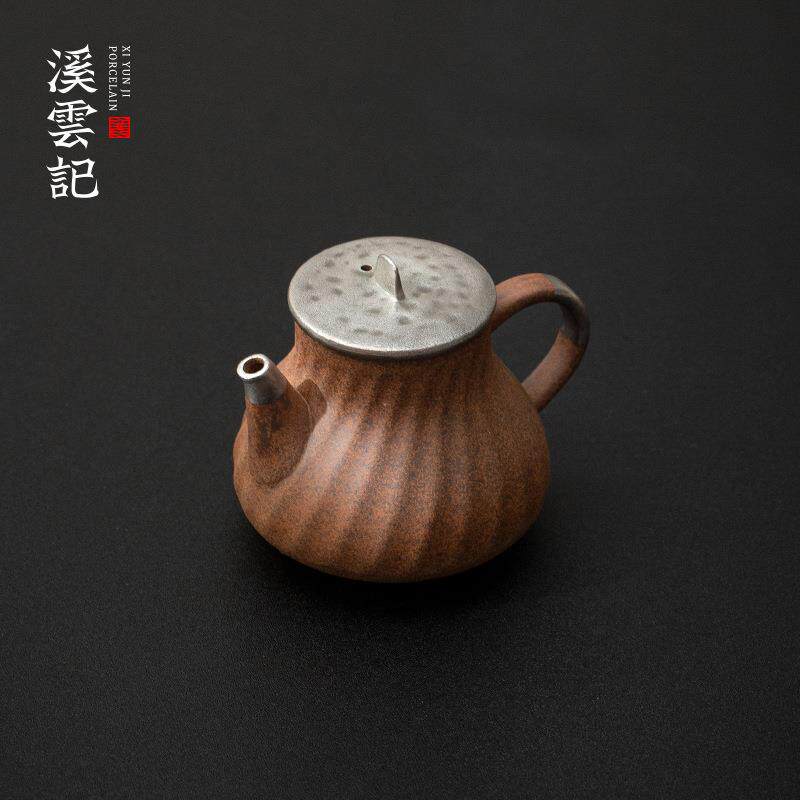 日式老岩泥小茶壶粗陶迷你小号一人手工鎏银过滤泡茶壶手把壶陶瓷