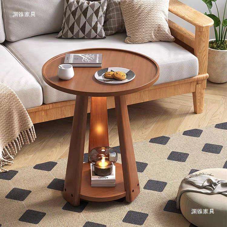 北欧简约沙发边几家用客厅双层小圆桌实木茶几可移动卧室小茶几