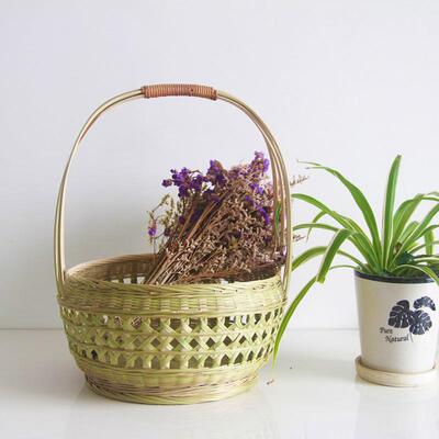 带底座手提串花竹编篮手工编织竹篮水果篮送礼装饰竹篮双层串花篮